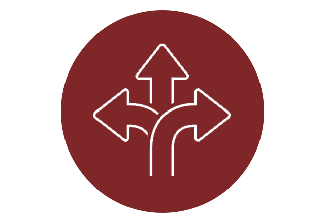 Icon of one line splitting into three arrows pointing to different directions, with a ruby circle behind the icon.