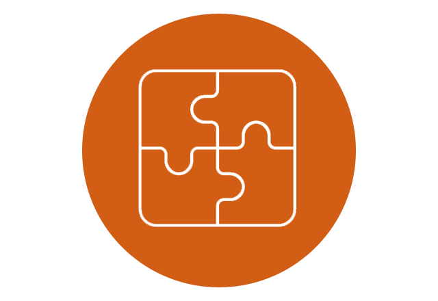 Icon of puzzle pieces interlocking over a orange circle.