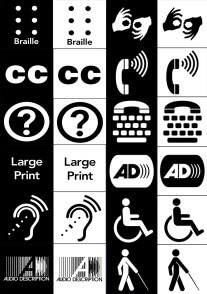 Graphic containing symbols/logos for Braille, Sign Language, Closed Captioning, Large Print, Assistive Devices, Handicap symbol, Audio Description, Person using a white cane or stick to walk.