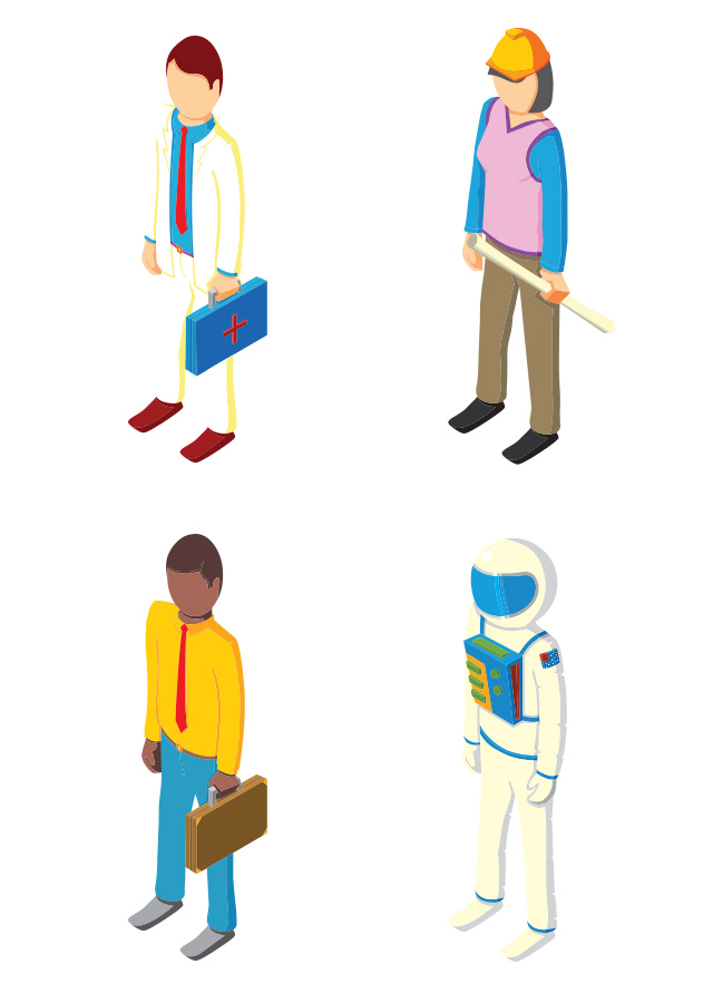 Illustration of a doctor, an architect, a businessman and a scientist