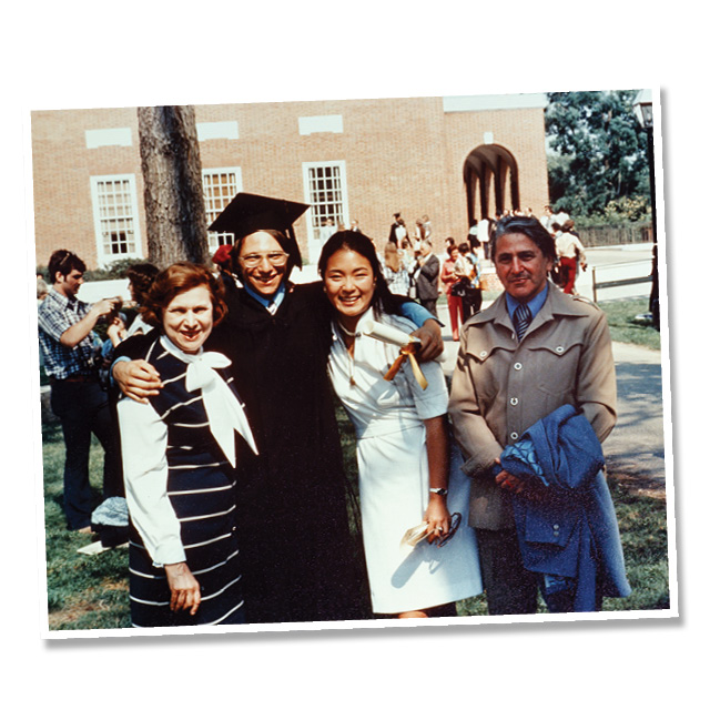 Photos shows Drew Pardoll after receiving his undergraduate degree in 1977, with parents Helen and Joe, and Wen Shen, now a Johns Hopkins gynecologist. 