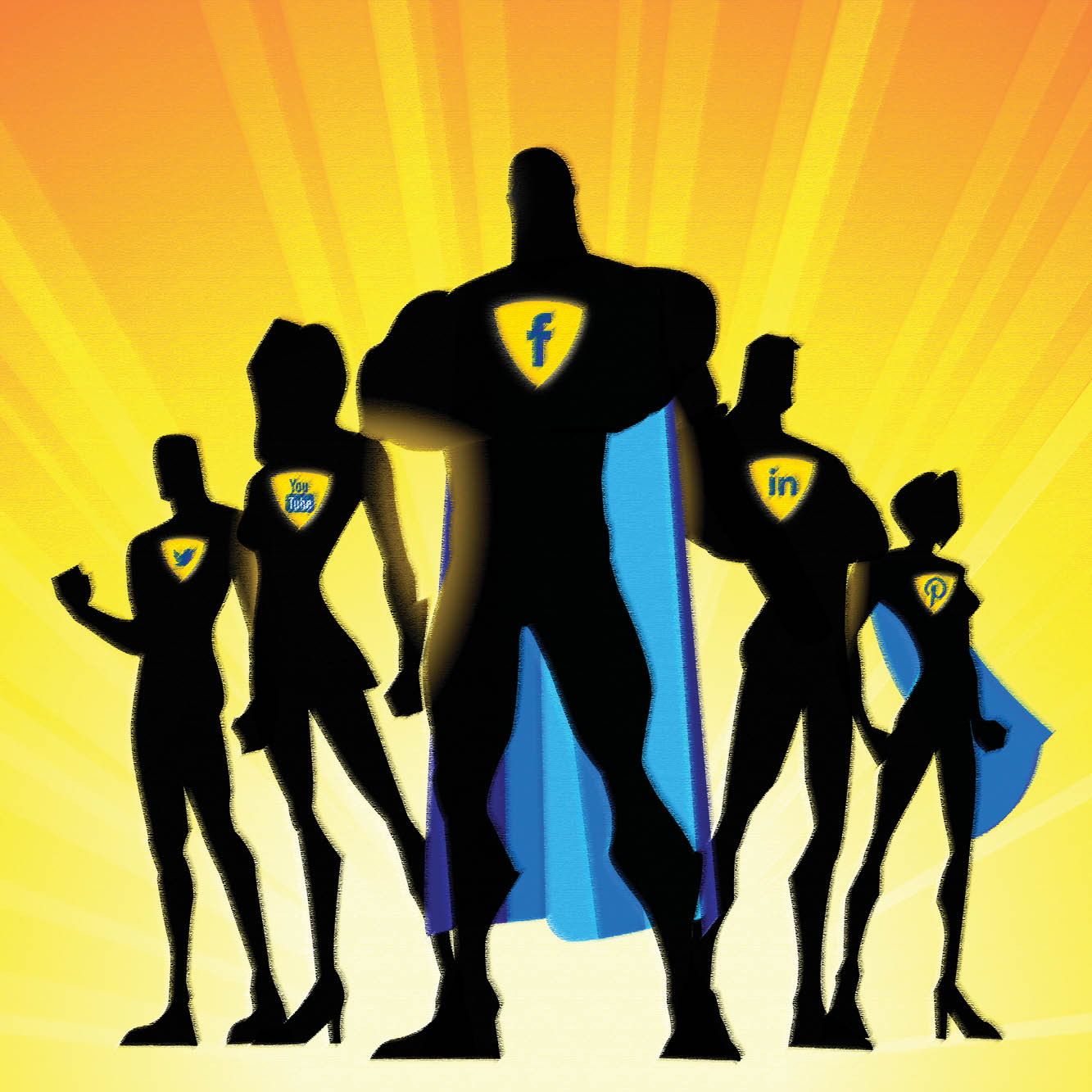 Illustration of a group superhero silhouettes, each one with a different social media icon on the chest