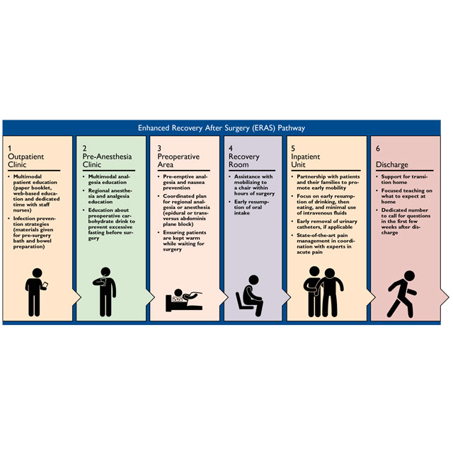 An illustration shows the six steps related to the Enhanced Recovery After Surgery (ERAS) Pathway, from outpatient clinic to discharge.