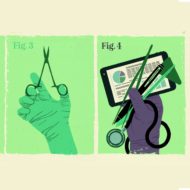 An illAn illustration of a gloved hand holding a pair of surgical scissors while another hand holds a medical chart, a reflex hammer, a pen and medical scissors. ustration of a gloved hand holding a pair of surgical scissors while another hand holds a medical chart, a stethoscope, a pen and medical scissors. 