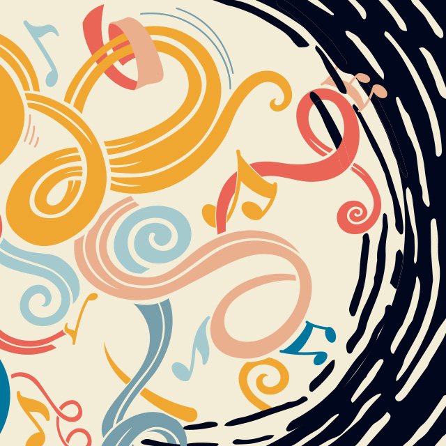 groovy-looking swirls and music notes, with a border that looks like an old-fashioned record.