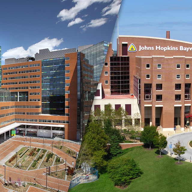 A photo composite of Johns Hopkins Hospital and Bayview Medical Center.