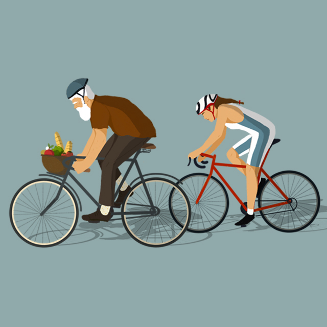 llustration of two bicyclists, a young person in a lycra suit on a fancy bike, being passed by a man with white hair with groceries in the bike basket. 