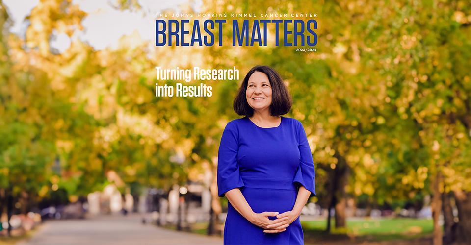 Breast Matters cover featuring Dr. Vered Stearns in a royal blue dress