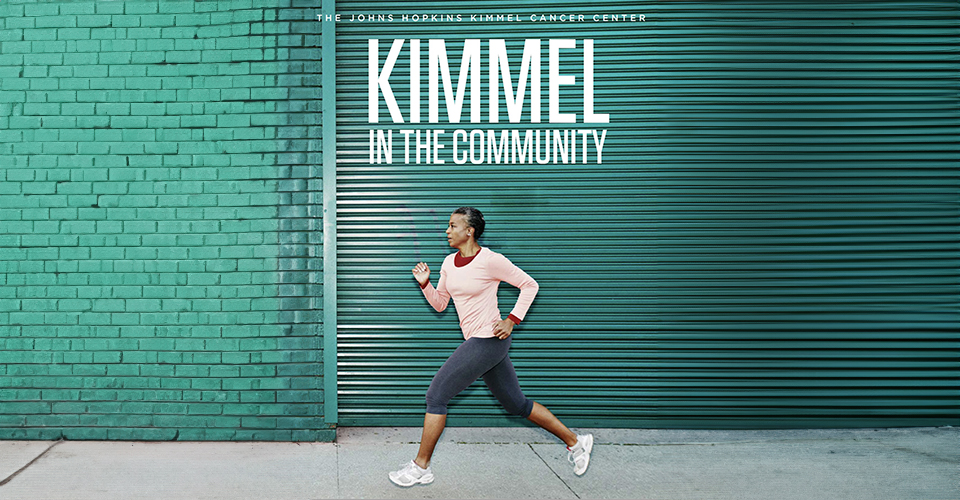 Athletic woman running past a green wall. Cover of Kimmel in the community