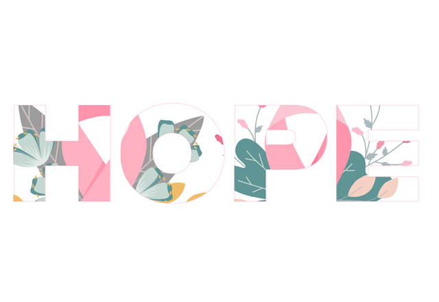 The word HOPE with a pink outline filled with pink ribbons and plants on a white background