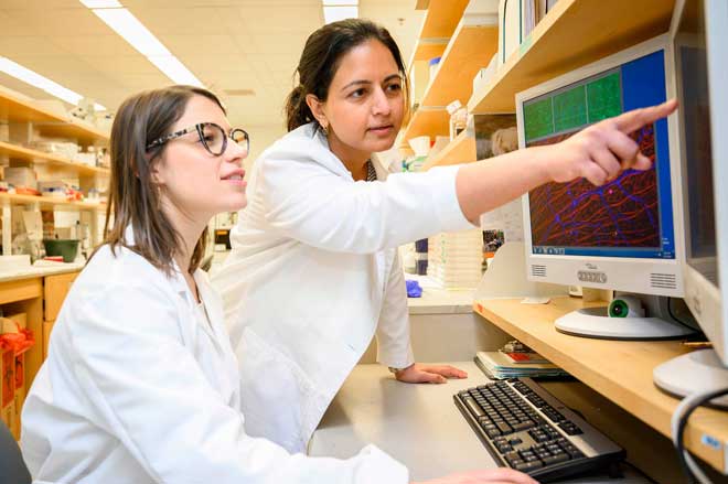dr. mira sachdeva looks at computer with lab tech