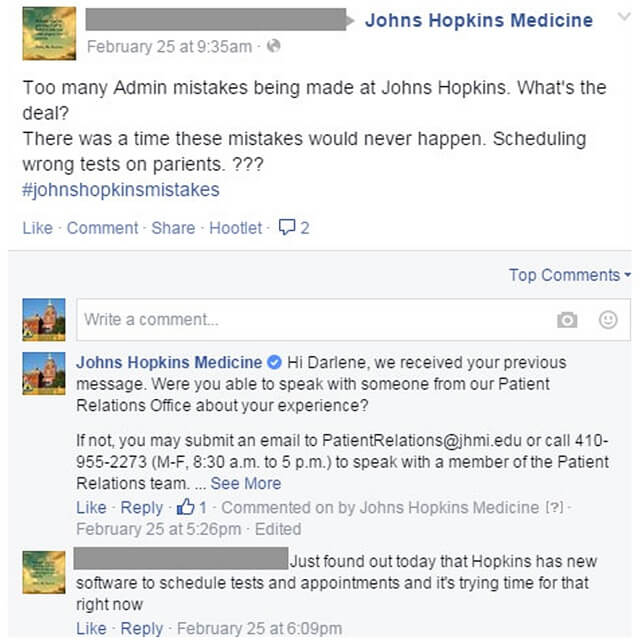 This Facebook post shows how Johns Hopkins Medicine provides service recovery through social media by quickly responding to a comment.
