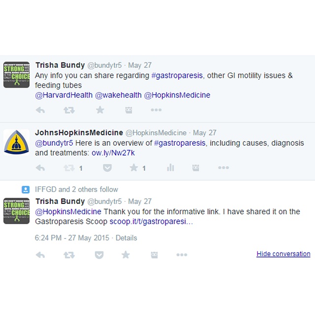This Twitter conversation shows how Johns Hopkins Medicine provided a resource to someone looking for information on gastroparesis.