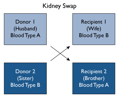 A kidney swap occurs when two donor / recipient pairs exchange kidneys.