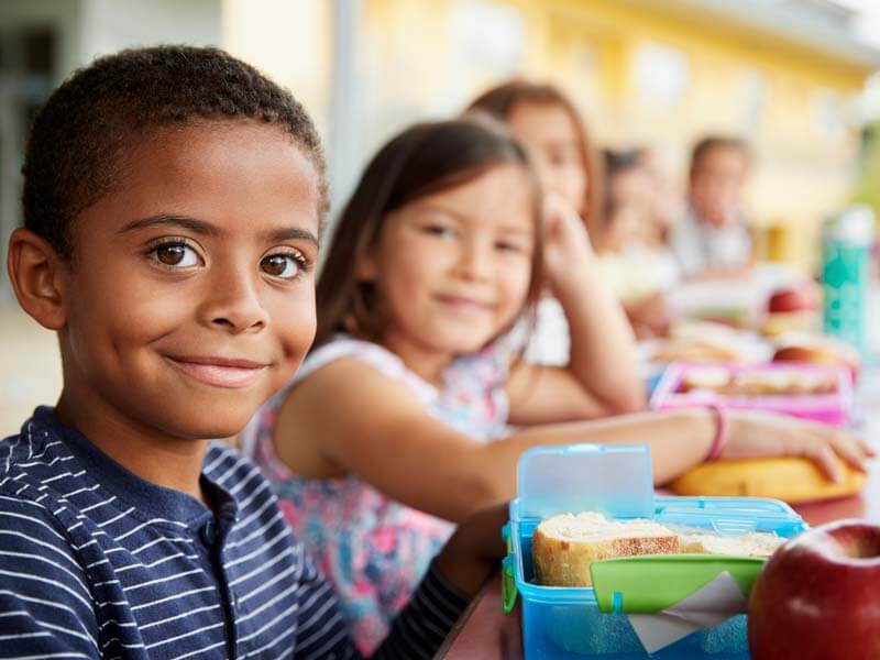 School kids eating healthy lunches in the cafeteria