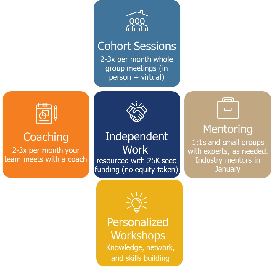 Cohort Sessions, Coaching, Independent Work, Mentoring, Personalized Workshops