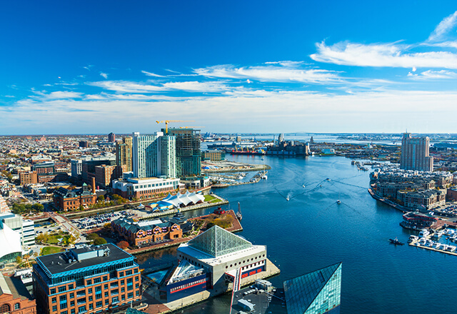 An aerial view of the Baltimore harbor.
