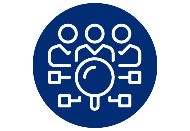 Icon of researchers with a magnifying glass in front of them over a blue circle.
