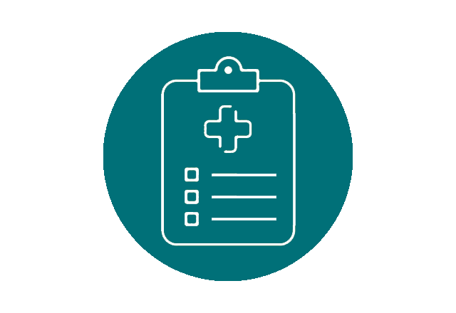 Icon of a medical chart with checkboxes on a gold background circle.