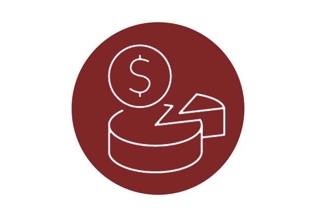 Icon of a dollar symbol above a pie chart on a ruby colored background circle.