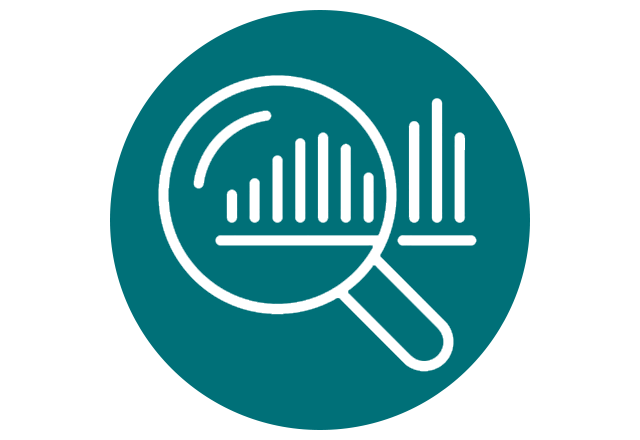 Icon of a magnifying glass over a line chart, over a teal circle.