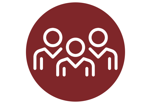 Icon of a team of people standing together, over a red circle.