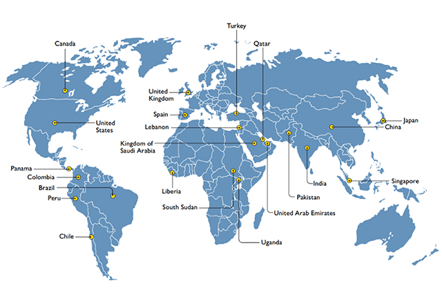 Graphic of the world, showing pinpoints to locations that the Armstrong Institute has worked with.
