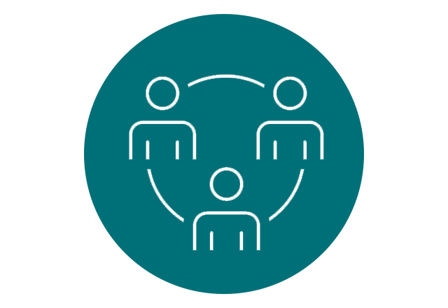 Icon of three people connected in a circle, with a teal circle behind the icon.