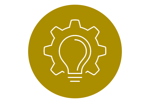 Icon of a lightblub and a gear, with a gold circle behind the icon.