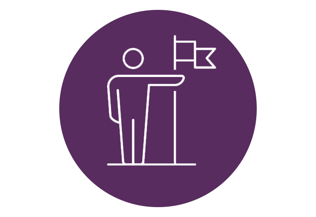 Icon of a person holding a flag triumphantly, with a purple circle behind the icon.