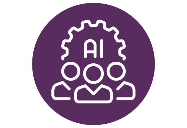 Icon of researchers in front of a gear with "AI" on it, on a purple circle.