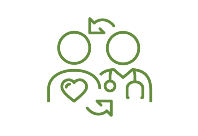 Icon of a clinician and a patient standing next to them with arrows pointing to both in a cycle.