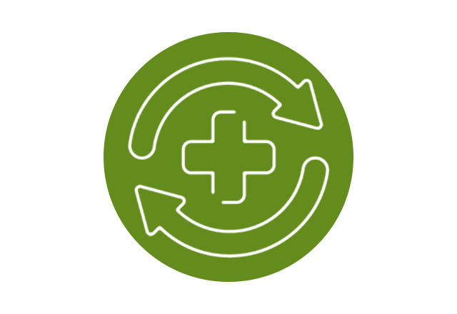 Icon of arrows in a cyclical spiral around a plus symbol on a olive colored background circle.