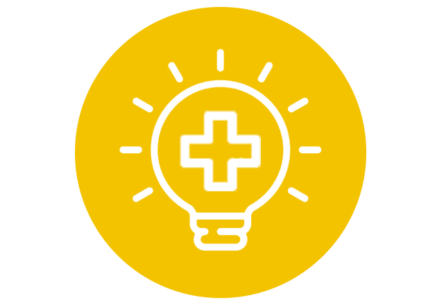 Icon of a lightblub with a healthcare plus symbol in it, over a yellow circle.
