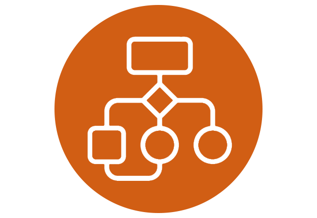 Icon of a flow chart with different shapes interconnected with lines, over an orange circle.