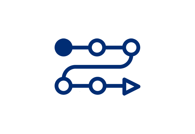 Blue icon with dots connected with lines in order, with an arrow at the end.