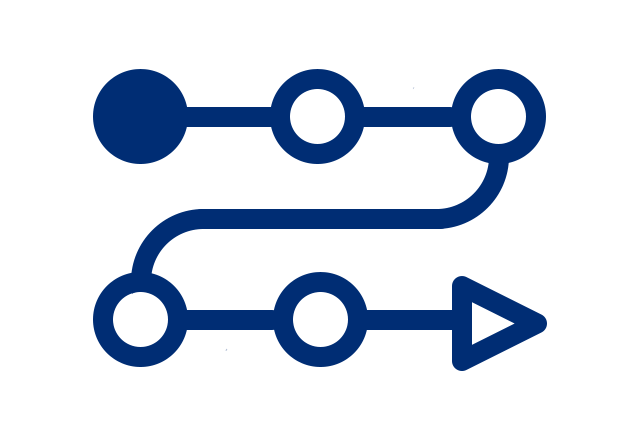 Blue icon with dots connected with lines in order, with an arrow at the end.