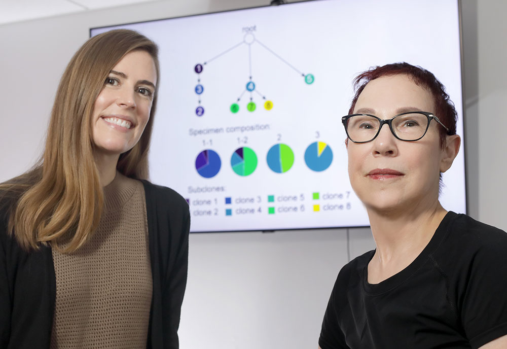 Laura Sena and Rachel Karchin smiling together in front of a research slide