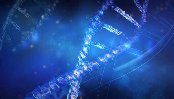 Abstract blue illustration of double helix DNA strands