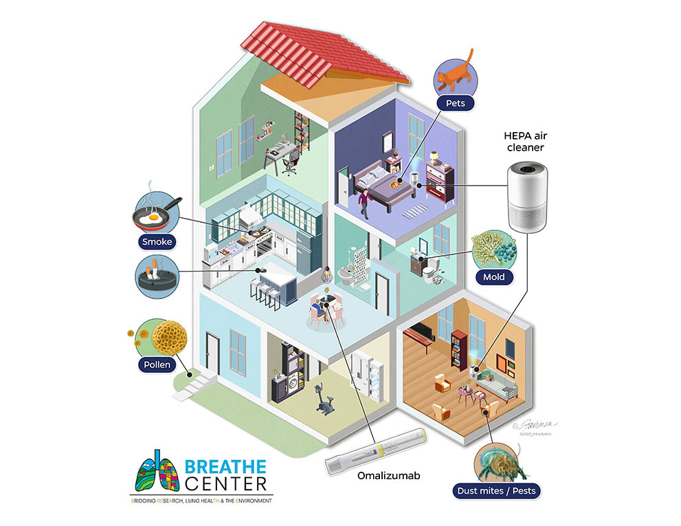 Cutaway diagram of a home, showing different lung health risks posed by household environments, including pets, smoke, mold and dust mites.