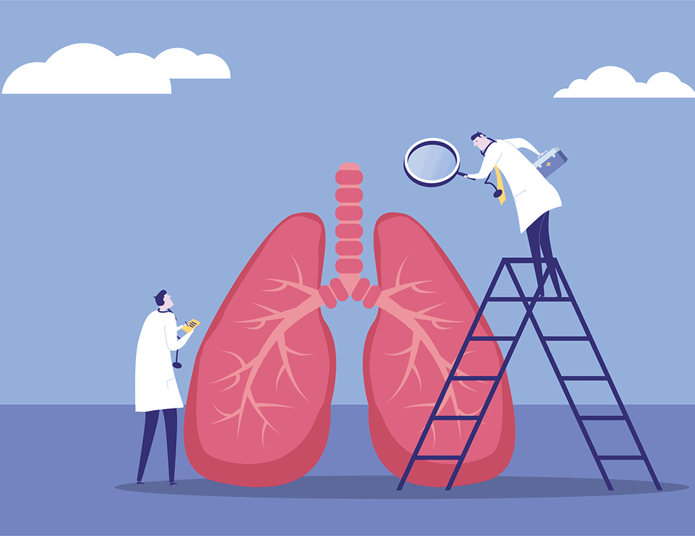 Illustrated doctors examining a set of lungs