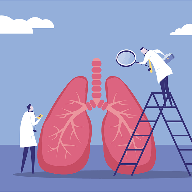 Illustrated doctors examining a set of lungs