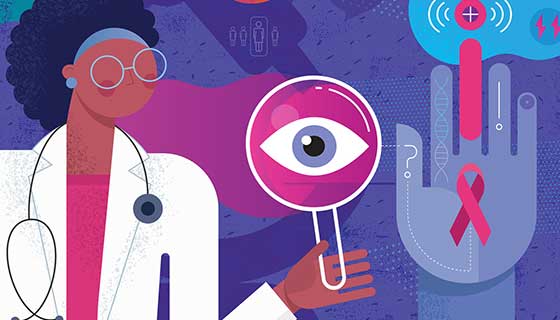 Conceptual artwork showing a doctor holding a magnifying glass examining patient biomarkers