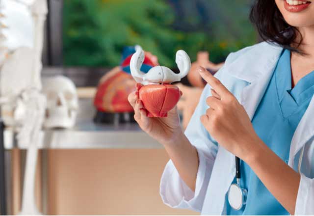 A person in a lab coat and scrubs holds a model of the female reproductive system, pointing at it. Medical setting, educational, informative tone.