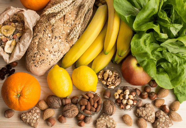 Array of fruits, vegetables and healthy grains