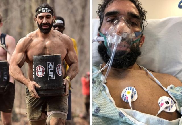Side-by-side image of Ahmad during a competition and in a hospital bed