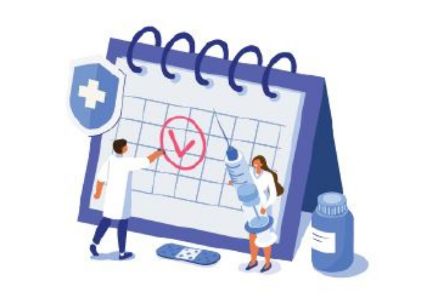 Graphic of doctors marking a date off on a calendar and holding a vaccine needle