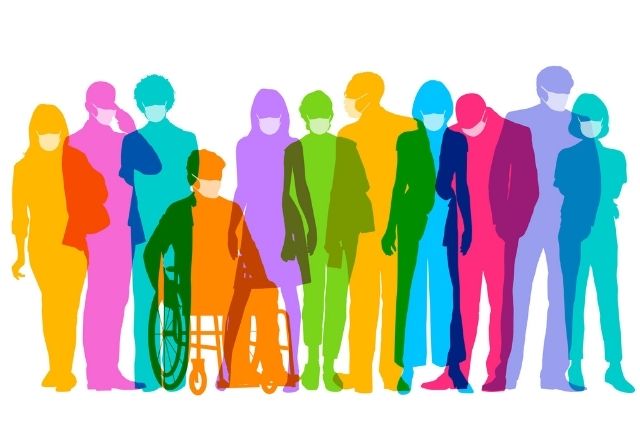 Colorful graphic of a crowd of diverse people