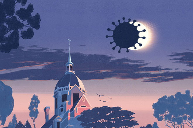 Graphic of Johns Hopkins dome with coronavirus eclipsing the moon