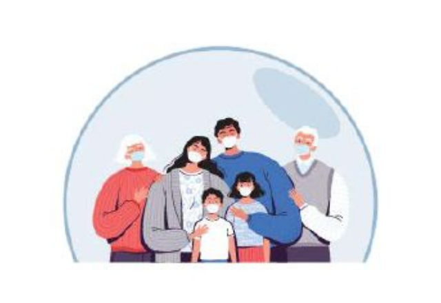 Graphic of masked family in a bubble